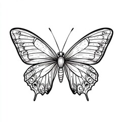 Poster - Handdrawn black and white illustration of a butterfly with large wings and simple patterns on a white background designed for kids to color and explore nature