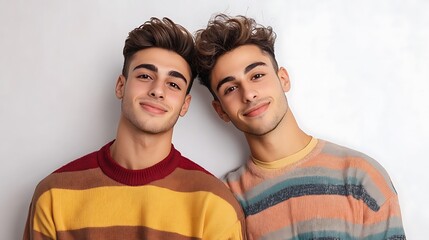 Two young men are smiling and posing for a picture. They are wearing striped sweaters and are standing next to each other