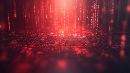 Poster - Digital rain with red glowing binary code, abstract technology background