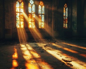 ethereal light streams through abandoned church s stained glass