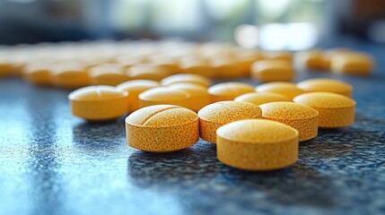 Yellow tablets scattered on a granite surface creates a visually striking pattern in natural light