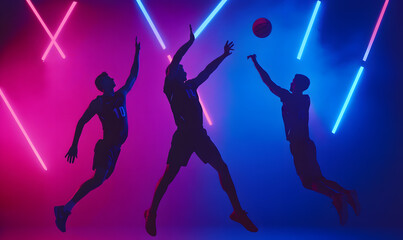 Dynamic Volleyball Action with Neon Lights and Abstract Geometric Patterns for Futuristic Sports Branding