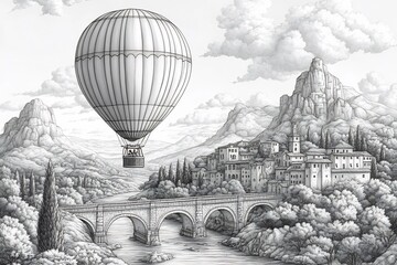 Poster - Handdrawn coloring page of a detailed hot air balloon ride over scenic landscapes perfect for kids and adults looking to color a charming and whimsical scene