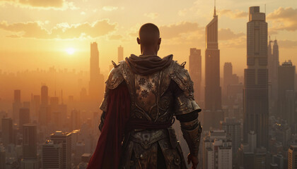 Black warrior in armor overlooking futuristic city skyline at sunset.