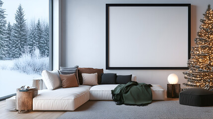 Wall Mural - A spacious living room features a large black frame mockup and winter decorations, with a plush sofa, soft lighting, and a snowy landscape outside the window