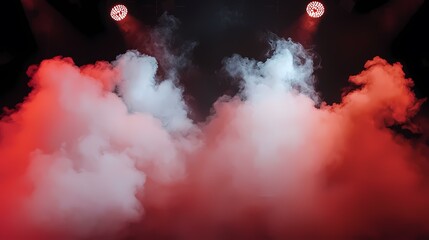 Two spotlights illuminate a stage with thick fog. The fog is lit red on the sides and white in the middle.