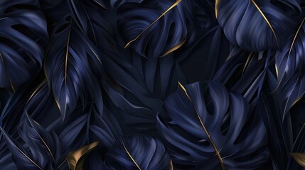 dark blue and gold tropical leaves