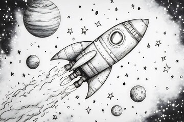 Fototapete - Handdrawn coloring page with a space adventure theme showing rockets planets and cute astronauts floating in a galaxy perfect for kids and adults who love coloring cosmic wonders