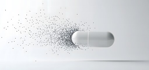 Wall Mural - 3D render of a white pill split in half with particles flying out on a light grey background