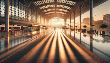 Aufkleber - A serene morning at the station capturing the tranquility of early hours with sunlit shadows