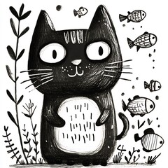 Poster - Handdrawn illustration of C with playful cats and simple fish shapes outlined in black against a white background making it fun for kids to color