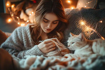 Young woman is lying on a sofa with her cat, enjoying the cozy atmosphere of christmas eve