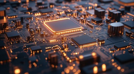 Poster - Close-up of a Computer Motherboard with Glowing Processor