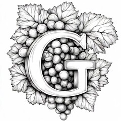 Poster - Handdrawn illustration of G with playful grapes and leaves outlined in black against a white background ideal for a fun coloring experience for kids