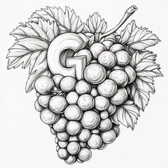 Fototapete - Handdrawn illustration of G with playful grapes and leaves outlined in black against a white background ideal for a fun coloring experience for kids