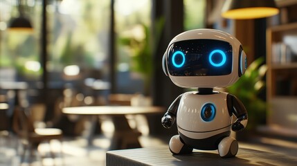 Poster - White Robot with Blue Eyes Standing on a Wooden Table