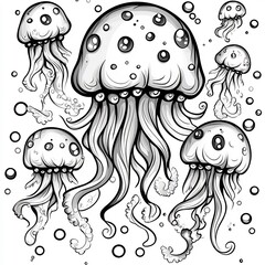 Poster - Handdrawn illustration of J featuring joyful jellyfish with playful patterns outlined in black on a white background perfect for a kids' coloring page