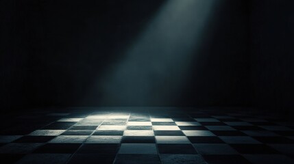 Aufkleber - A Single Spotlight Illuminates a Checkerboard Floor in a Dark Room