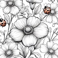 Poster - Handdrawn illustration of L featuring lovely ladybugs and flowers outlined in black on a white background making it a great coloring activity for kids