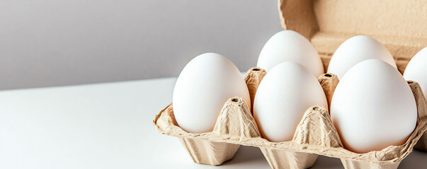 Six white eggs in a simple cardboard carton, isolated on a clean white background, high-resolution image for organic food and packaging concepts