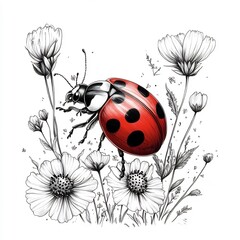 Poster - Handdrawn illustration of L featuring lovely ladybugs and flowers outlined in black on a white background making it a great coloring activity for kids