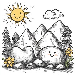 Poster - Handdrawn illustration of M with cheerful mountains and sun outlined in black against a white background inviting for kids to color creatively
