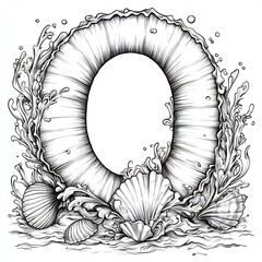 Poster - Handdrawn illustration of O with simple ocean waves and shells outlined in black against a white background ideal for a fun kids' coloring page