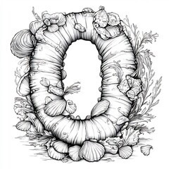Poster - Handdrawn illustration of O with simple ocean waves and shells outlined in black against a white background ideal for a fun kids' coloring page