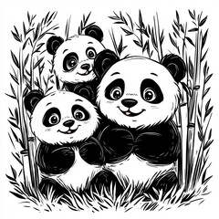 Poster - Handdrawn illustration of P featuring playful pandas and bamboo outlined in black on a white background great for children's coloring fun