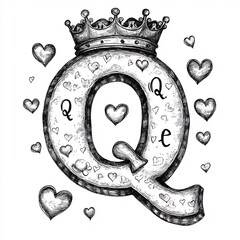 Poster - Handdrawn illustration of Q with simple queen crowns and hearts outlined in black against a white background making it delightful for kids to color