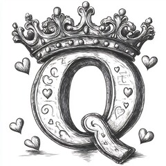 Poster - Handdrawn illustration of Q with simple queen crowns and hearts outlined in black against a white background making it delightful for kids to color