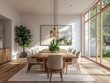 © Riz - Modern Dining Room with Wooden Table, Chairs, and Large Window