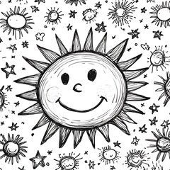 Poster - Handdrawn illustration of S with smiling suns and simple star patterns outlined in black against a white background inviting for kids to color creatively