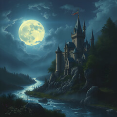 Castle bridge and river under the full moon Fantasy Night landscape with Castle on the cliff Fair