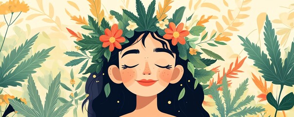 Cartoon drug character, crown of leaves and flowers, flat illustration