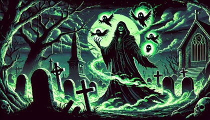 Sinister Necromancer Raising the Dead in Graveyard