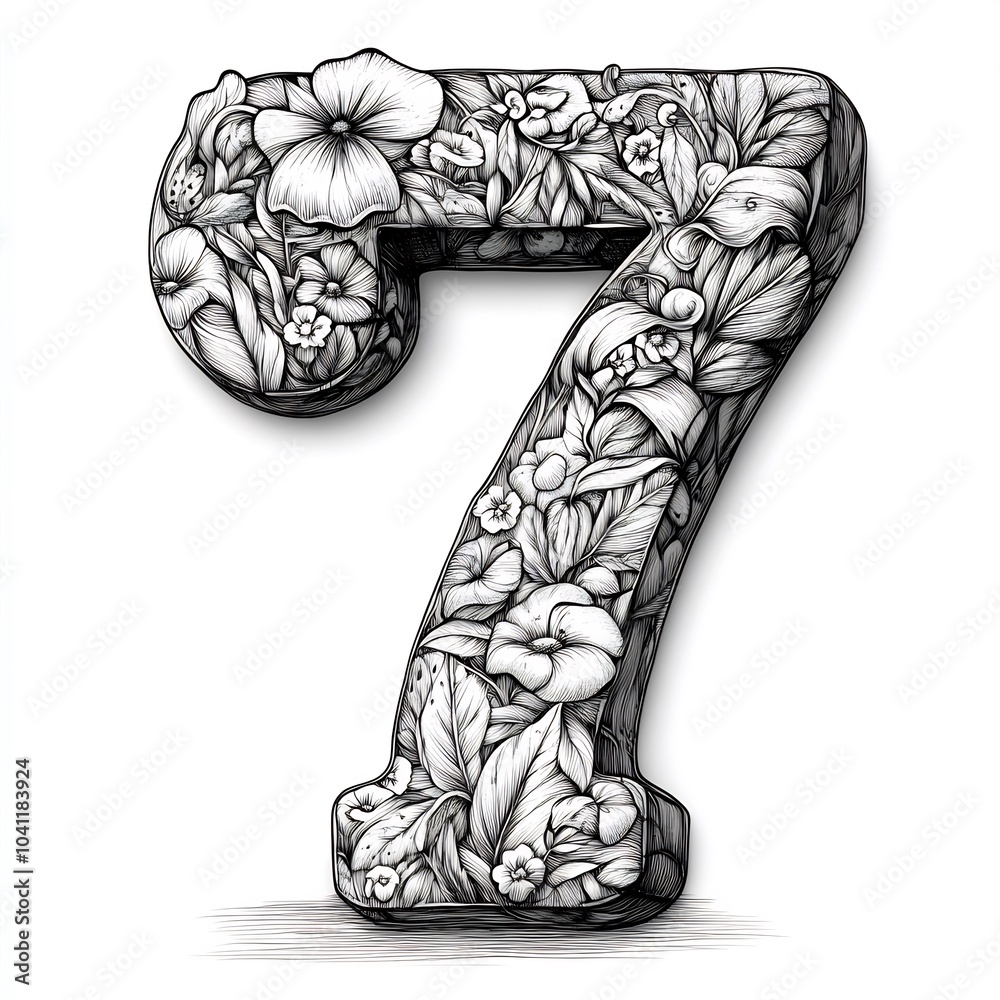 Outlined Numbers 7 Handdrawn numeric number 7 outlined in black on a white background ...