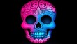 © JP STUDIO LAB - Bright glowing sugar skull with intricate swirls, neon pink and blue, dark background