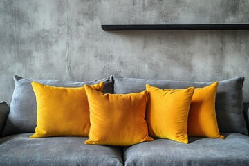 Wall Mural - Gray sofa adorned with yellow pillows, positioned near a shelf against a blank concrete wall with space for customization, showcasing a Scandinavian interior design in a modern living room.