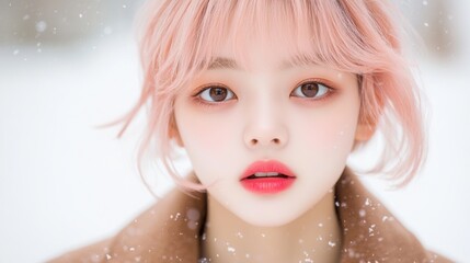 Young woman with pink hair and soft makeup in a snowy scene, captivating gaze.