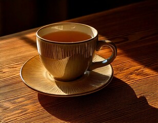 A ceramic cup of tea sits on a wooden table, bathed in warm sunlight, creating a cozy and inviting atmosphere.