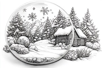 Poster - Magical crystal snowball with a winter scene inside featuring snowflakes a small cabin and trees in black and white handdrawn style Designed for coloring pages intricate yet fun for all ages