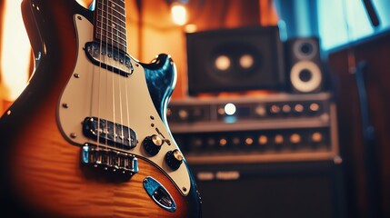 an electric guitar and amplifier in a recording studio.