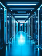Aufkleber - rows of blue lit servers in a modern data center symbolizing the backbone of the tech industry