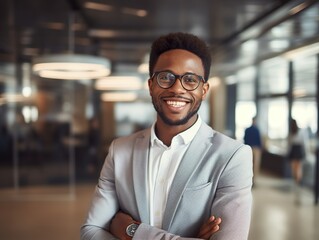 Portrait Attractive African young confident business man in business professional working office.