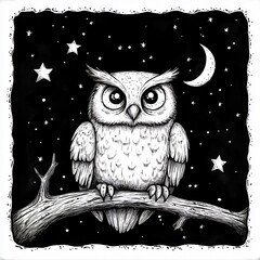 Poster - Playful black and white handdrawn coloring page for kids illustrating a wise owl perched on a branch at night surrounded by stars and a crescent moon encouraging nighttime wonder