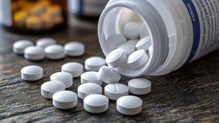 White tablets scattered from an open bottle on a wooden surface in a well-lit room