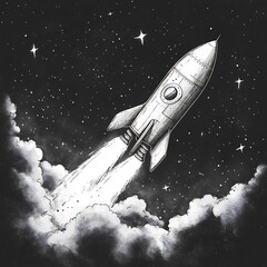 Fototapete - Playful handdrawn black and white illustration of a rocket ship blasting off into space with stars designed for kids to color and spark their imagination
