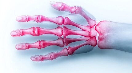 Detailed anatomical image of a human hand skeleton, showcasing the bones and structure in red against a clean white backdrop.