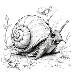 Poster - Playful handdrawn black and white drawing of a friendly snail with a spiral shell perfect for kids to color and learn about garden life